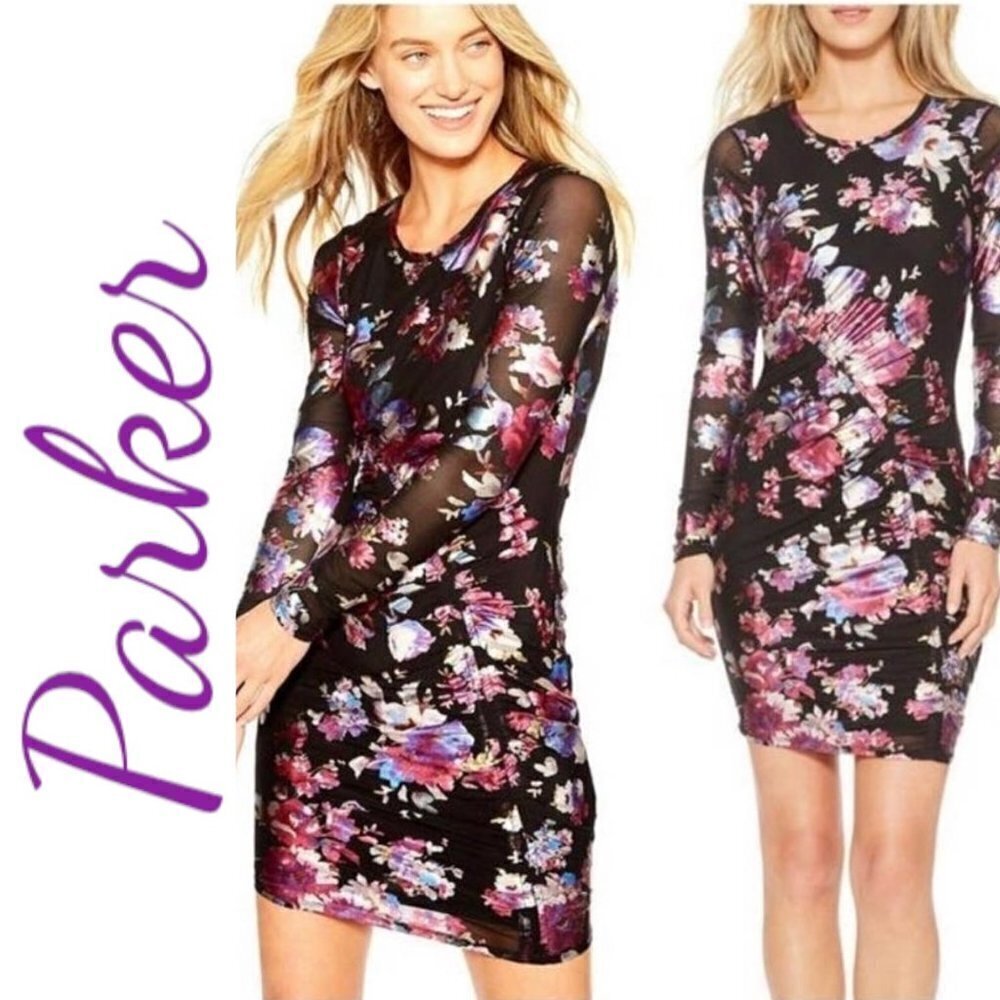 Nwt Parker Abby Dark Floral Mesh Ruched Mini Dress Long Sleeve Bodycon, Size 0